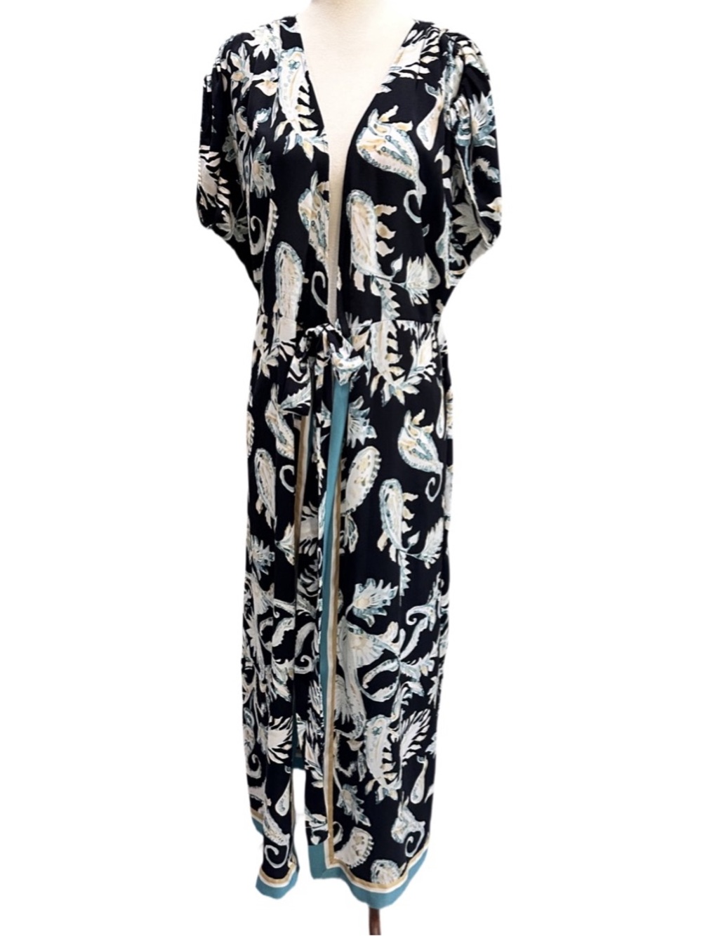 Oysho Swimsuit coverup Black Paisley Maxi Duster with Drawstring Waist L